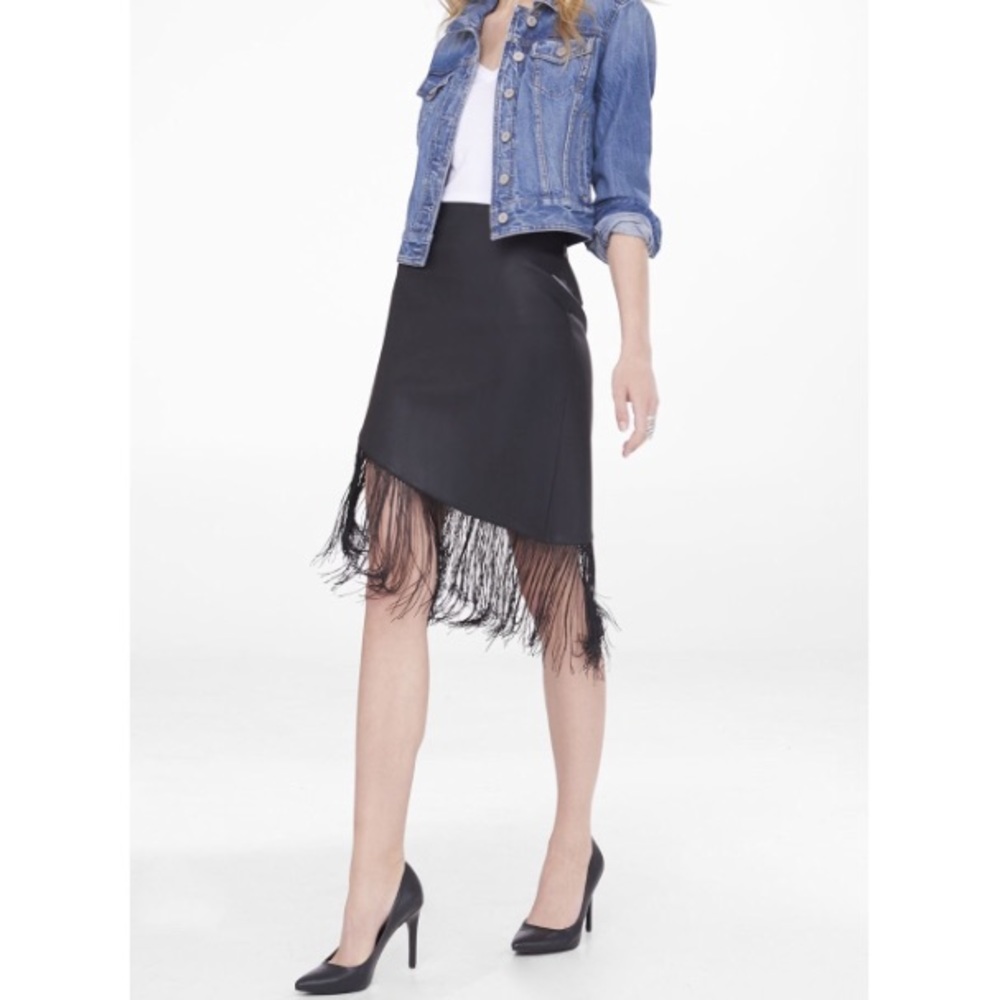 Express faux leather asymmetrical fringe skirt